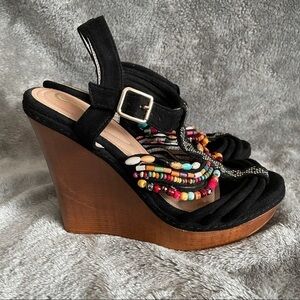 Elegant Collection Black Beaded Strappy Fashion Wedges Boho Sandals Size 9